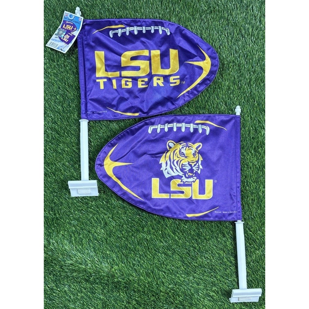 Lot Of 2 - LSU Tigers Football Double Sided Car Window Flag with Pole Attachment
